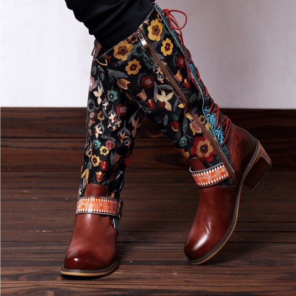 Soffia Shoes - SOFFIA | FLORAL TIE-ACCENT KNEE-HIGH LEATHER BOOTS